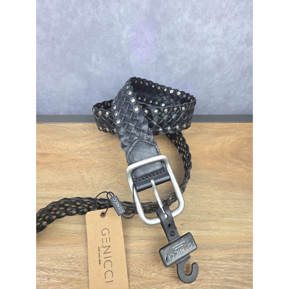 Genicci Mens Black Woven Buffalo Leather‎ Studded Belt 20-112 Size Medium 85 NEW